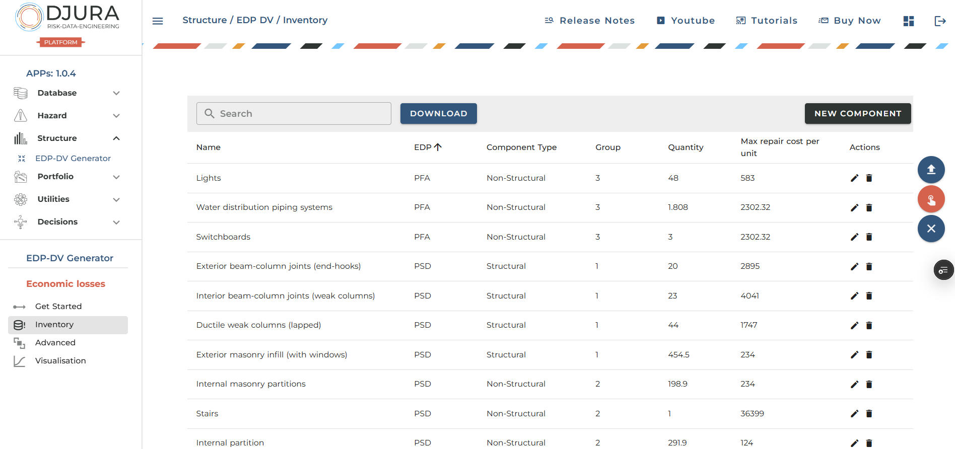 Damageable component inventory