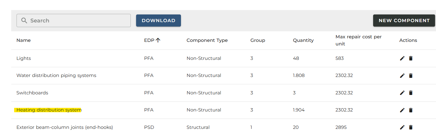 New damageable component input visible in table